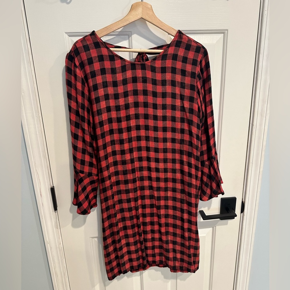 Cloth & Stone Gingham dress, ruffle sleeves, tie back, size M, NWT